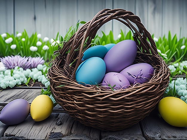 Des œufs de Pâques dans un panier sur une table en bois vieillie dans le jardin de printemps Illustration génération Ai