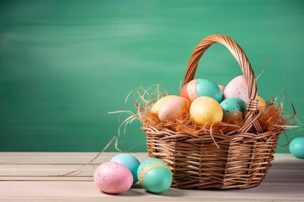 Oeufs de pâques dans un panier sur une table en bois