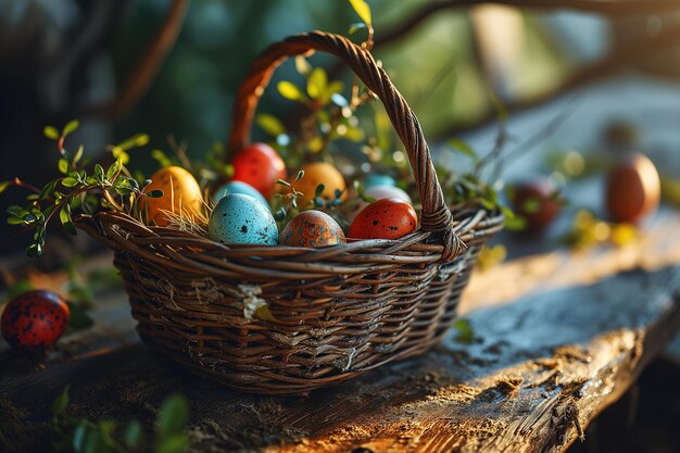 Des œufs de Pâques dans un panier sur une table en bois