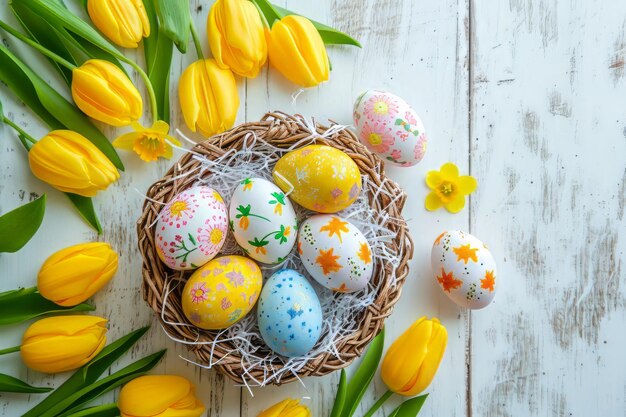 Des œufs de Pâques dans un panier sur une table colorée avec des tulipes jaunes en arrière-plan vue supérieure joyeuse Pâques