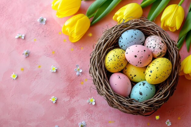 Des œufs de Pâques dans un panier sur une table colorée avec des tulipes jaunes en arrière-plan vue supérieure joyeuse Pâques