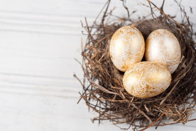 Oeufs de Pâques dans un vrai nid sur une surface blanche en bois