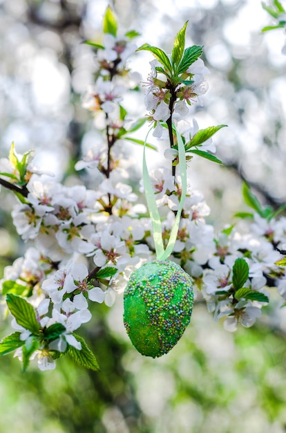 Oeufs de Pâques décoratifs sur un arbre en fleurs