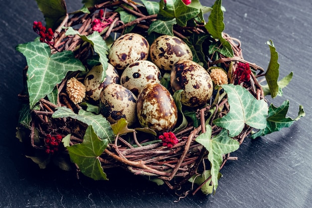 Oeufs de Pâques avec décoration. Oeufs de caille dans un nid d'oiseau.