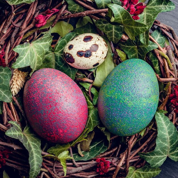 Oeufs de Pâques avec décoration. Oeufs de caille et de poule dans un nid d'oiseaux.