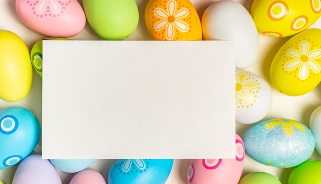 Des œufs de Pâques décorés en couleurs et un lapin avec une carte blanche Bannière des vacances de Pâques