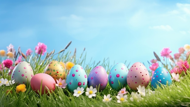 Des œufs de Pâques décorés de couleurs vives dans une prairie avec des fleurs sur un ciel bleu