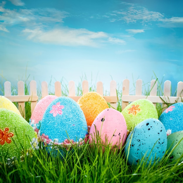 Oeufs de Pâques décorés dans l'herbe sur fond de ciel bleu