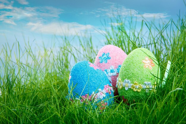 Oeufs de Pâques décorés dans l'herbe sur fond de ciel bleu