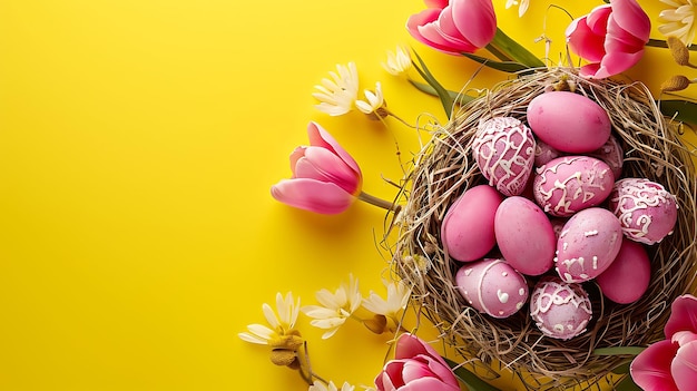 Des œufs de Pâques décorés dans un nid avec des tulipes roses sur un fond jaune