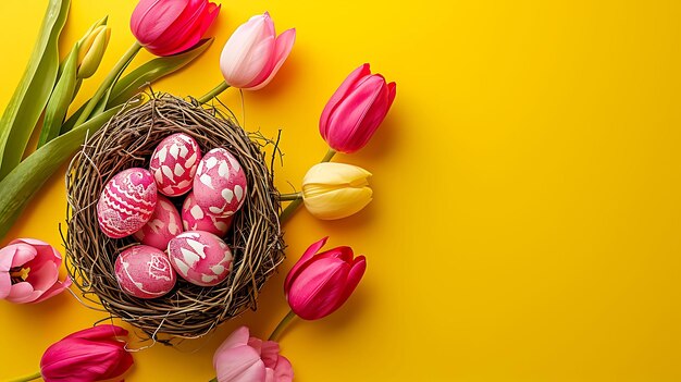 Des œufs de Pâques décorés dans un nid avec des tulipes roses sur un fond jaune