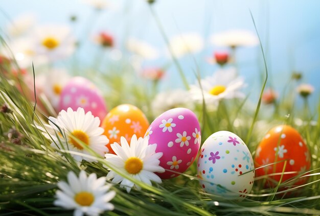 Des œufs de Pâques décorés dans une prairie de fleurs