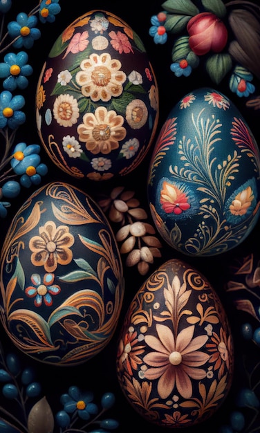 Oeufs de pâques décorés de motifs de fleurs folkloriques concept de joyeuses pâques IA générative