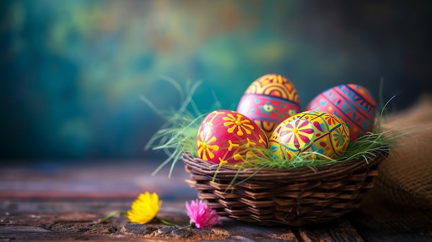 des œufs de Pâques décorés sur un panier en bois avec un fond flou