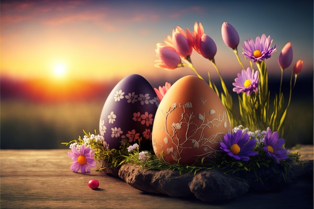Oeufs de Pâques décorés très détaillés dans un nid d'oiseau fait de bâtons Oeufs de poule avec des fleurs et des feuilles peintes sur fond flou du coucher de soleil Illustration de rendu 3d d'art numérique