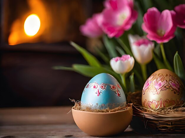 Photo des œufs de pâques détaillés dans un environnement confortable et de haute qualité