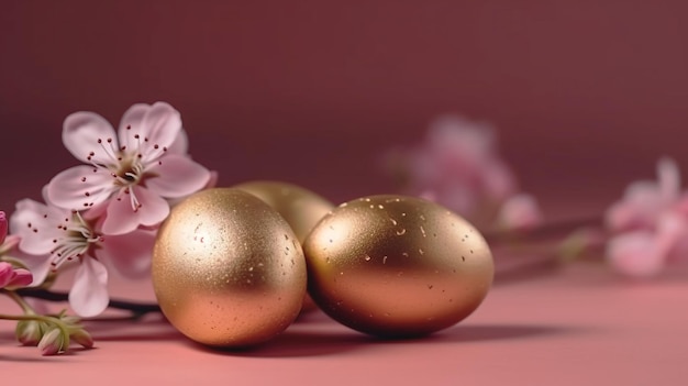 Oeufs de Pâques dorés et fleurs de printemps sur fond de pêche Concept de vacances de printemps avec espace de copie Vue de dessus