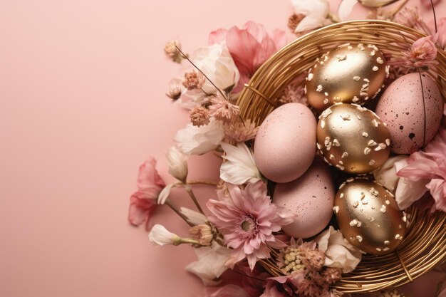 Photo des œufs de pâques dorés et roses dans un panier avec des fleurs sur un fond rose