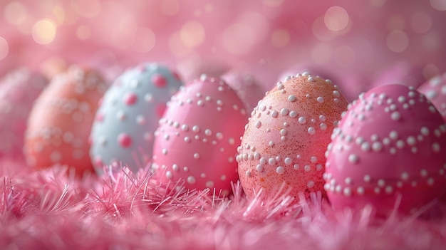 Des œufs de Pâques festifs en rose pastel avec un espace de copie