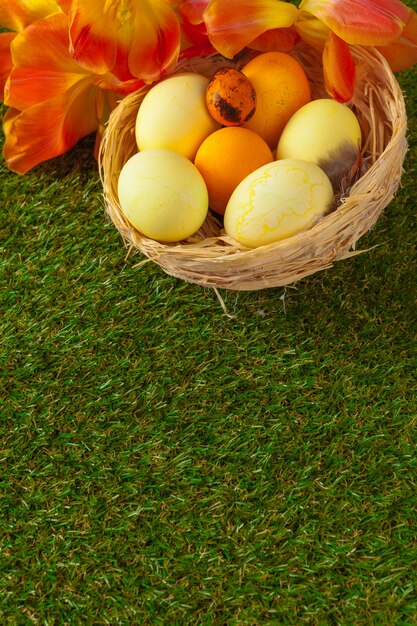 Oeufs de Pâques avec fleur sur l'herbe verte