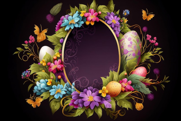 Oeufs de Pâques et fleurs Bordure de cadre décoratif avec une carte de voeux d'espace noir AI générative