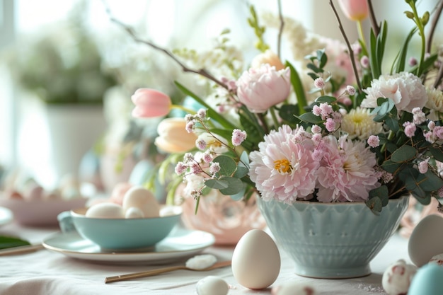 Des œufs de Pâques et des fleurs Composition florale entourée d'un décor de Pâques IA générative