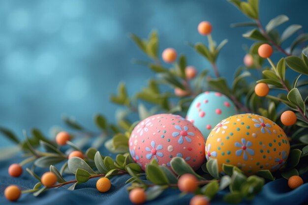 Des œufs de Pâques en fleurs et des feuilles sur un fond bleu