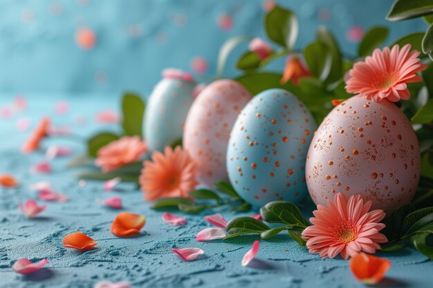 Des œufs de Pâques en fleurs et des feuilles sur un fond bleu