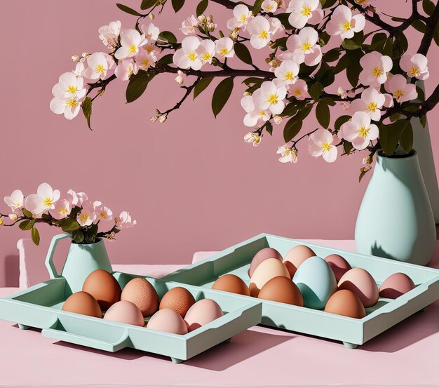 oeufs de pâques et fleurs sur fond blanc