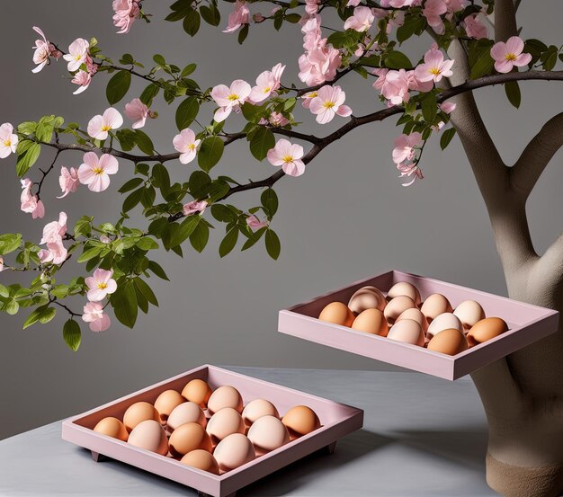 oeufs de pâques et fleurs sur fond blanc