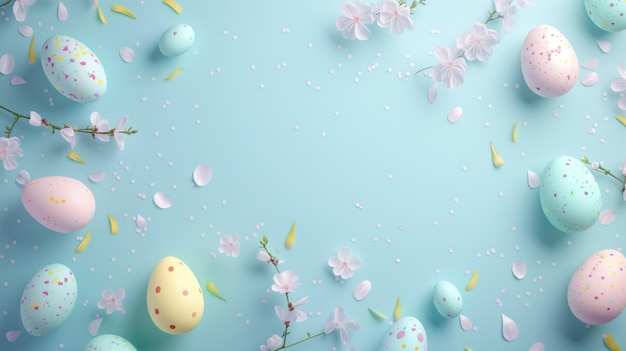 Des œufs de Pâques avec des fleurs sur un fond bleu pastel