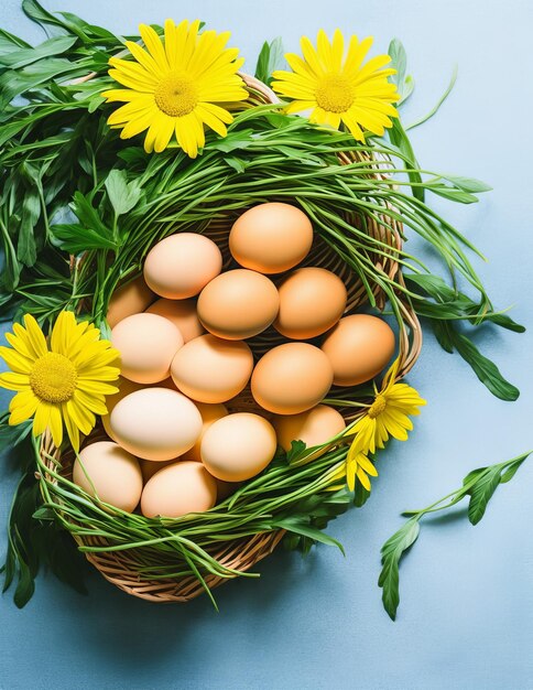 oeufs de pâques et fleurs sur un fond en bois blanc