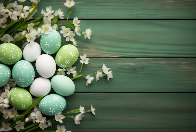 Des œufs de Pâques et des fleurs sur un fond en bois