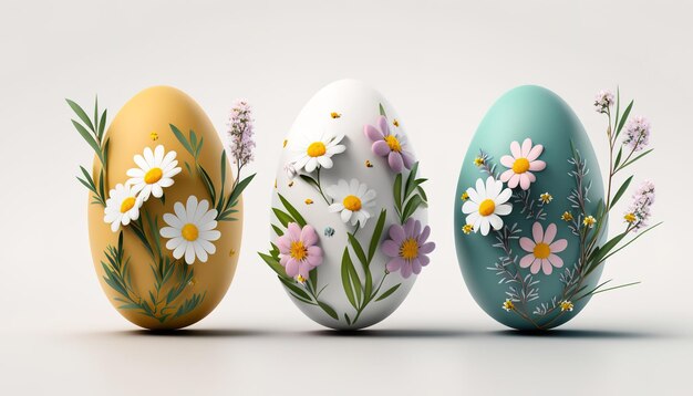 Oeufs de Pâques avec des fleurs sur le fond et un fond blanc