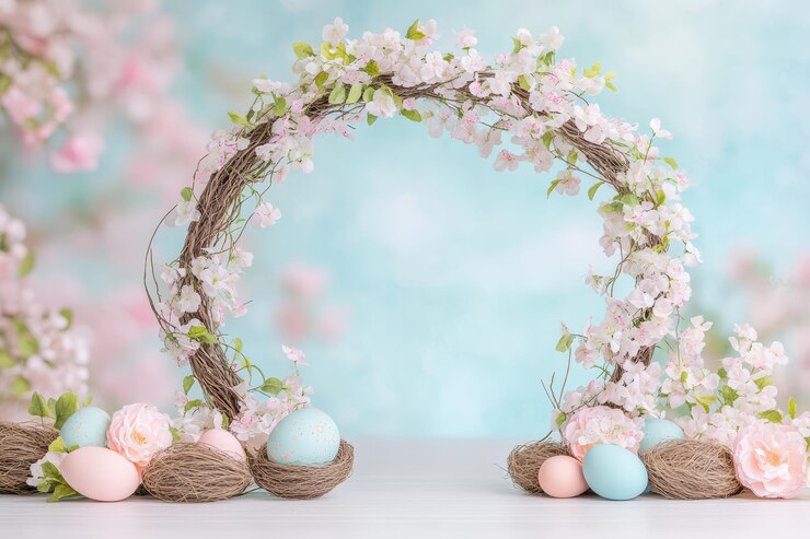 Des œufs de Pâques et des fleurs de printemps sur un fond texturé pastel clair
