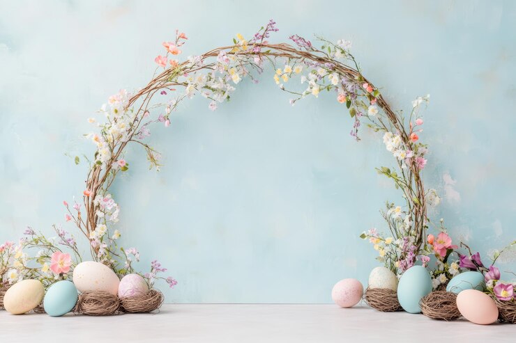 Des œufs de Pâques et des fleurs de printemps sur un fond texturé pastel clair