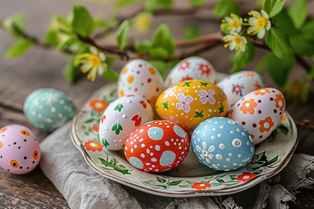 Oeufs de Pâques avec fleurs et saule