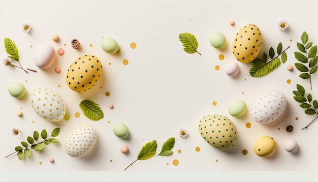 Oeufs de Pâques sur fond blanc avec des feuilles vertes et un motif à pois jaunes