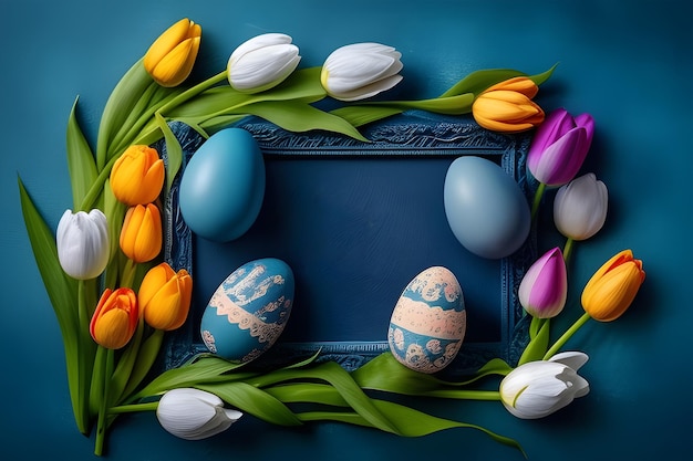 Oeufs de Pâques sur fond bleu avec des tulipes