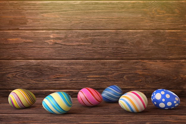 Oeufs de Pâques sur fond en bois. Illustration de rendu 3D.