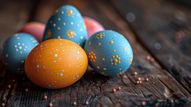 Des œufs de Pâques sur un fond en bois