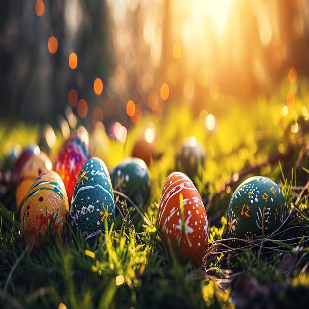 des œufs de Pâques sur le fond d'herbe