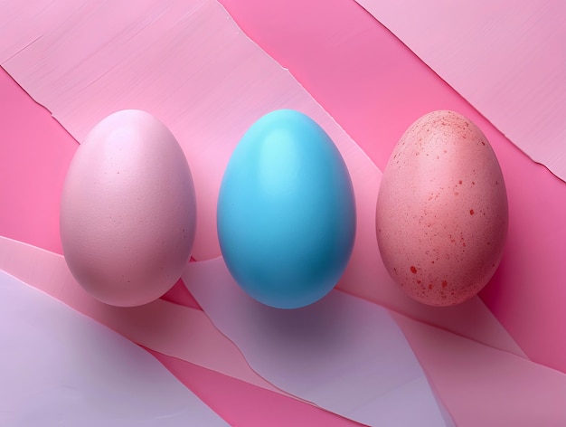Des œufs de Pâques sur fond rose avec des couleurs et des ombres audacieuses