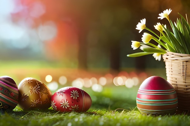 des œufs de Pâques sur l'herbe avec des fleurs