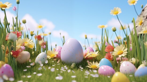 Photo des œufs de pâques sur de l'herbe sur un fond festif