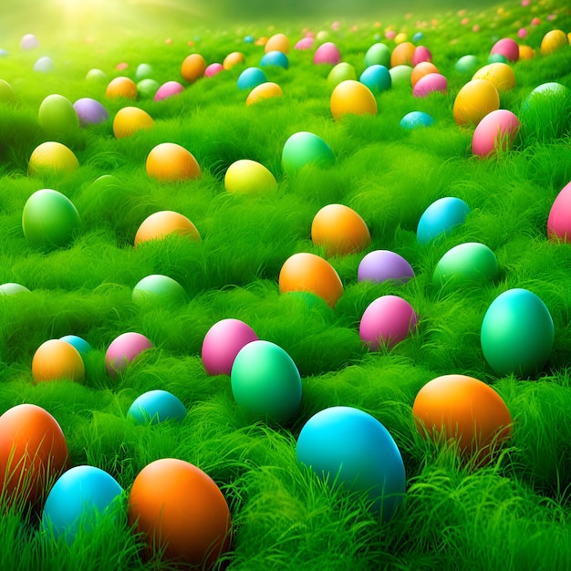 Des œufs de Pâques sur l'herbe