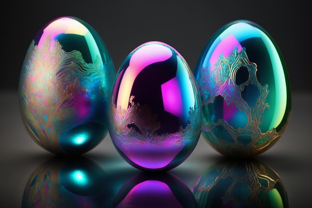 Oeufs de Pâques holographiques Couleurs irisées vibrantes Joyeuses Pâques Design tendance AI générative