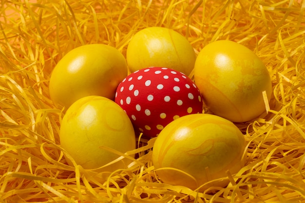 Oeufs de Pâques jaunes sur fond de paille