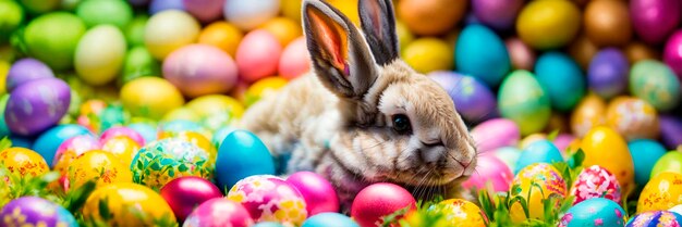 Des œufs de Pâques et un lapin sur un beau fond Focus sélectif