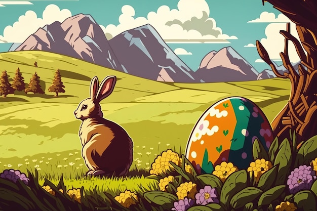 Oeufs de Pâques et un lapin dans un champ de printemps